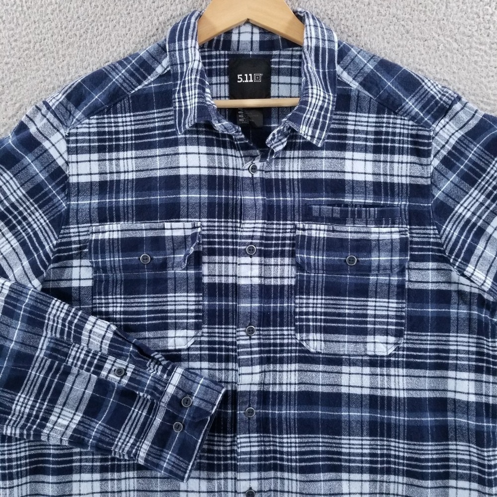 5.11 Tactical Shirt Mens Large Navy Blue White Lester Snap Flannel Chamois Plaid
